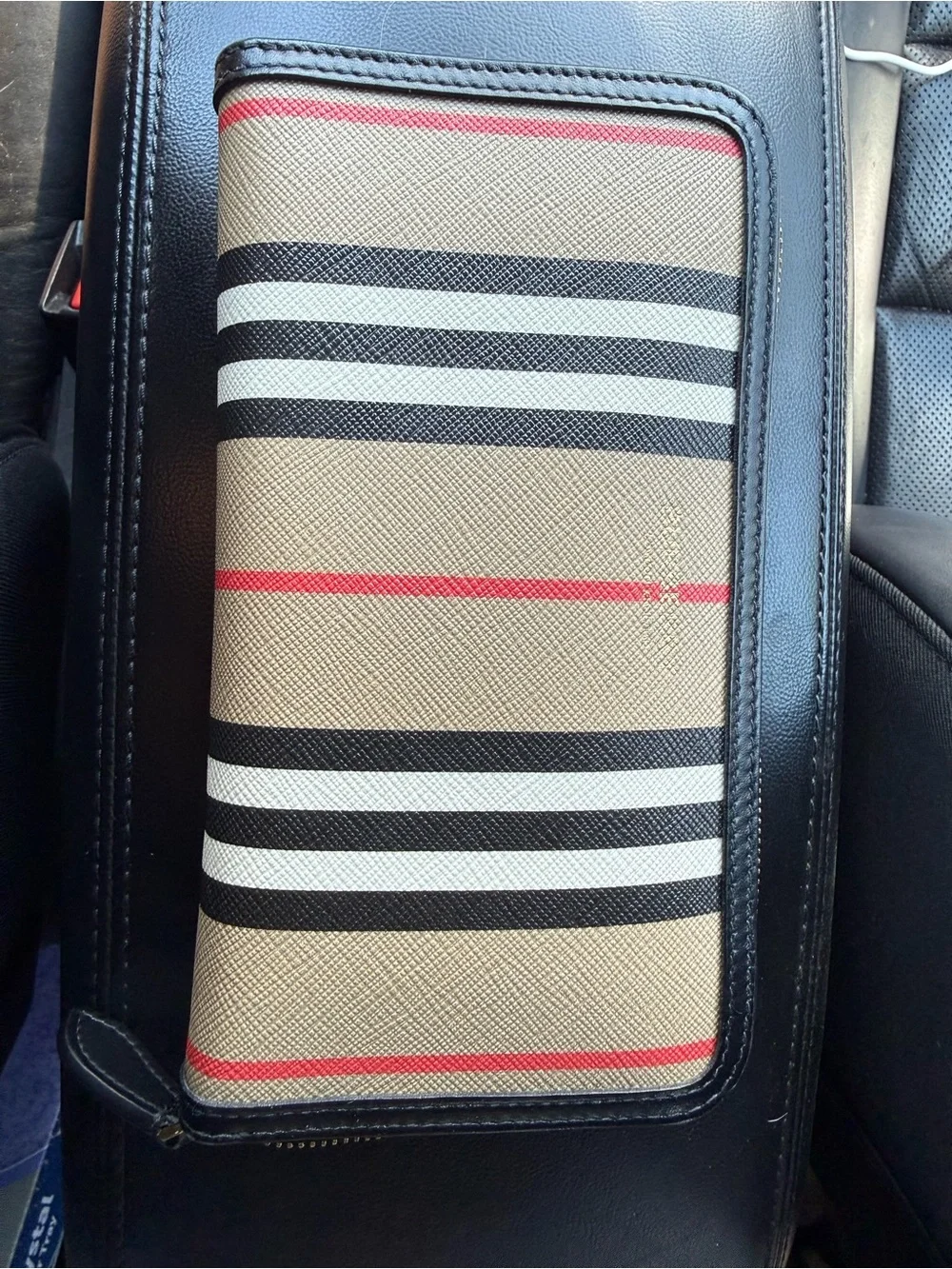 Burberry Beige Stripe Zip Wallet with Black and Red Accents